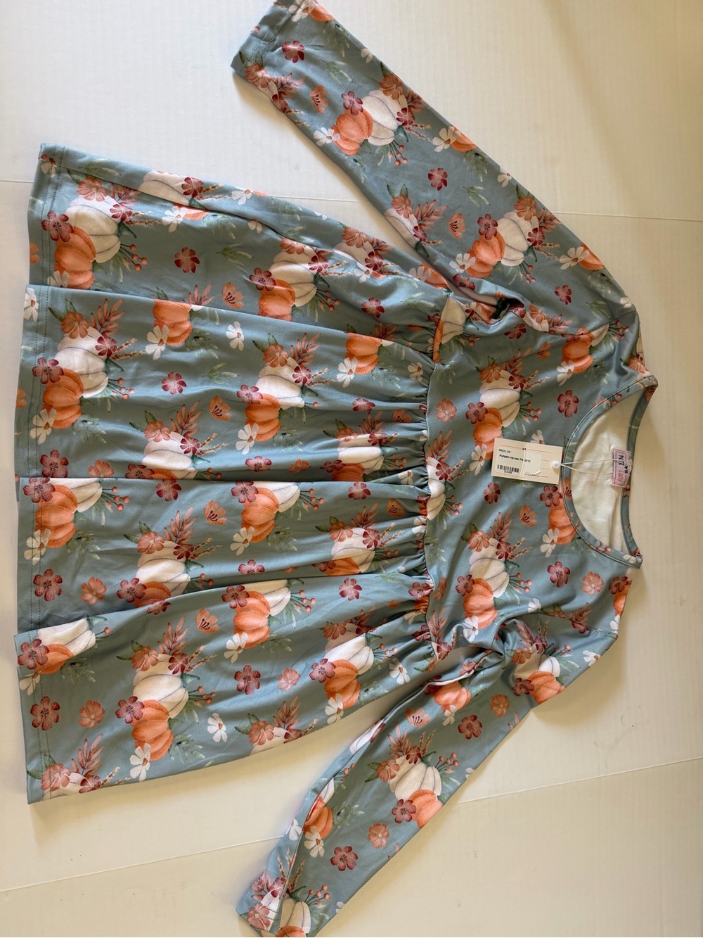 Girls' Blue Floral Pumpkin Print Long-Sleeve Dress